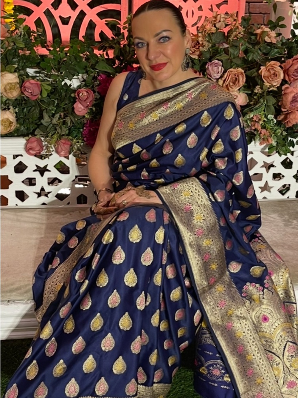 Navy Blue Woven Saree with Gold and Pink Motifs